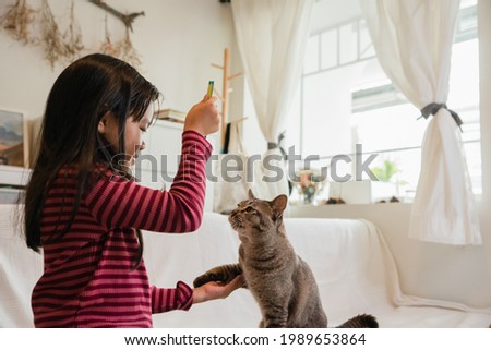 Asian Girl Child Feeding And Training Cat At Sofa Royalty-Free Stock Photo #1989653864