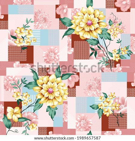 yellow vector flowers with green leaves bunches pattern on stripe retro pink bandanna background