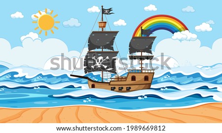 Ocean with Pirate ship at day time scene in cartoon style illustration