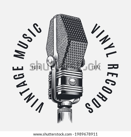 Vintage ribbon studio microphone. High-detailed black and white vector illustration. Logo design template.