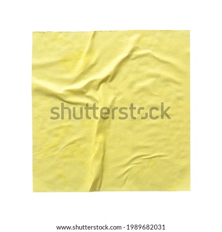 Yellow paper note memo wrinkled poster template , blank glued creased paper sheet mockup. Isolated on white. Clipping path.