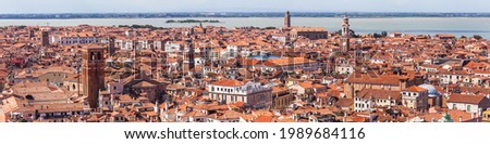 Aerial panoramic view of red roofs of Venice, sights of the old city of Venice, long banner