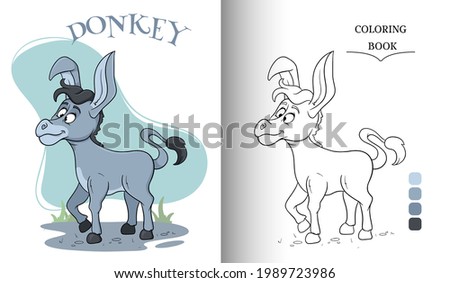Animal character funny donkey in cartoon style coloring book page. Children's illustration. Vector illustration.