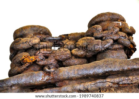 
A large rusty iron chain with cracks was entangled with an iron column on a white background.