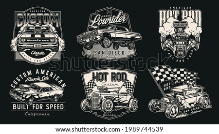 Custom american cars vintage monochrome labels with muscle and lowrider automobiles checkered race flag turbo engine skeleton in baseball cap driving hot rod isolated vector illustration