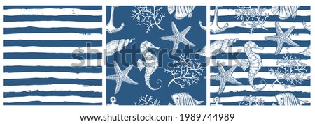 Set of sea style seamless patterns. Underwater creatures, starfish, sea  horse, coral, fish. marine, nautical endless wallpaper, background. Endless stripes.  Hand drawn style.