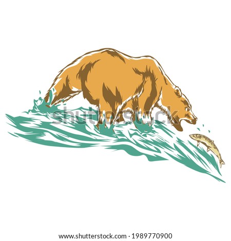 Illustration of bear catching salmon at river bank in vector style