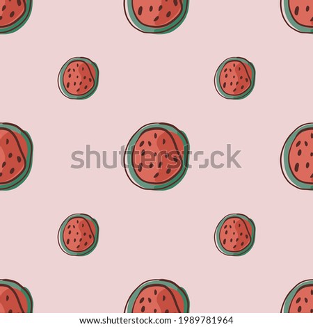 Minimalistic seamless pattern with doodle red watermelon half shapes. Lilac light background. Simple print. Flat vector print for textile, fabric, giftwrap, wallpapers. Endless illustration.