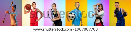 Soccer football, basketball, taekwondo, boxing, gymnastics and tennis. Collage of different little sportsmen in action and motion isolated on multicolored background in neon. Flyer. Sport for kids