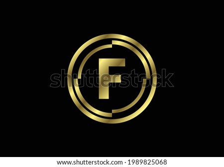 Golden letters F with golden circle frames. English alphabet, vector illustration