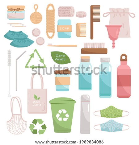 Big set of Zero Waste recycle and reusable products. Go green, eco style, no plastic, save the planet objects for home, shopping and cosmetics. Durable vector collection Royalty-Free Stock Photo #1989834086
