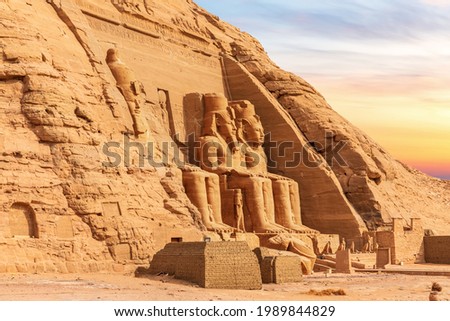 Abu Simbel, Egypt, view of the Great Temple's colossal statues, sunset light Royalty-Free Stock Photo #1989844829