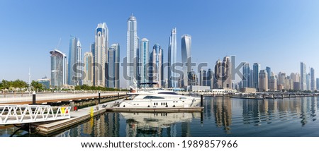 Dubai Marina and Harbour skyline architecture travel in United Arab Emirates water reflection panorama city Royalty-Free Stock Photo #1989857966
