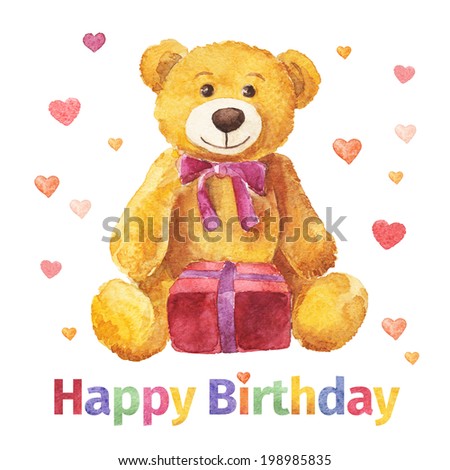 Card. Happy Birthday. Bear hand-drawn watercolor