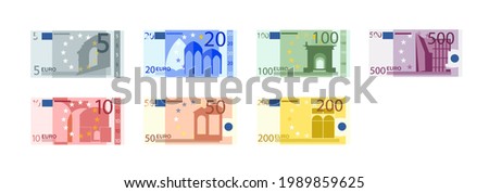 Euro banknotes set. Paper money. Simple, flat style. Vector illustration Royalty-Free Stock Photo #1989859625