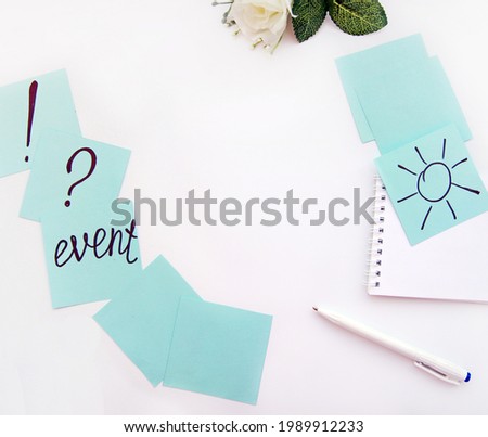 Blue sticky notes, notepad and white pen isolated on a white background flat layer. Planning concept.