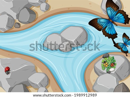 Top view of river scene with butterfly and ladybugs illustration