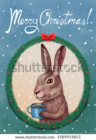 festive bright greeting Christmas card in blue with a frame of pine needles and with a cute hare holding a mug of chocolate or cocoa in his hands.
