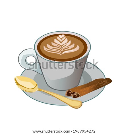 Latte coffee in a ceramic cup. There was cinnamon and a spoon on the side.Isolated vector illustration on a white background.
