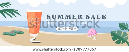 Illustration vector banner of sun bathing body lotion on beach as summer sale product concept.
