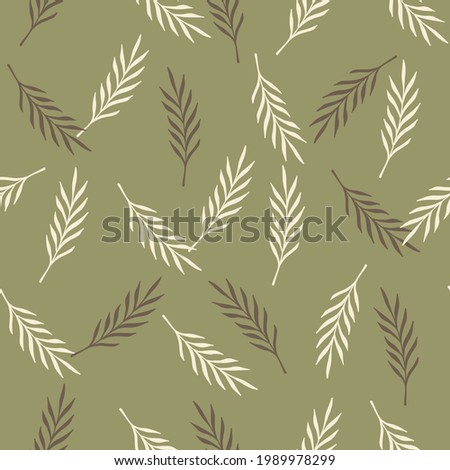Foliage simple style seamless pattern with beige and white leaf twigs random print. Pale green background. Stock illustration. Vector design for textile, fabric, giftwrap, wallpapers.