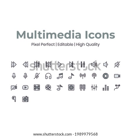 High-quality perfect pixel and editable icon set for UI. Set of vector multimedia icons isolated on white background.