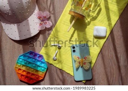 summer flat lay on wooden background
