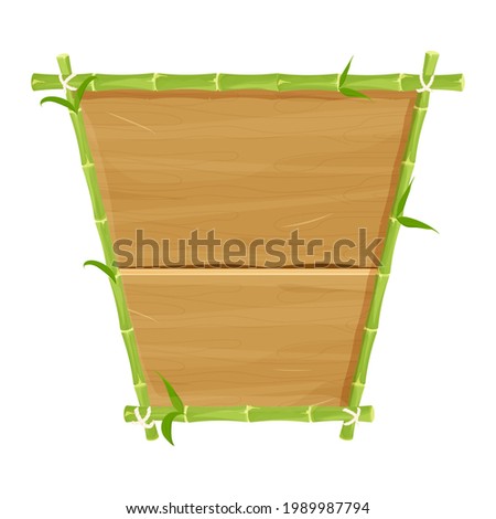 Green bamboo frame with empty wooden plank, signboard in cartoon style isolated on white background. Asian tribal decoration, exotic element. Vector illustration