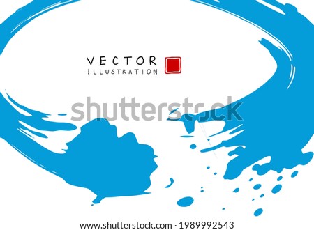 Abstract ink background. Chinese japanese calligraphy art style, blue paint stroke texture on white paper. Design for poster, card, banner, book, cover, brochure and web design. Vector illustration.