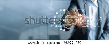Businessman touching online banking and payment, Digital marketing. Finance and banking networking. Online shopping and icon customer network connection, cyber security. Business technology Royalty-Free Stock Photo #1989994250