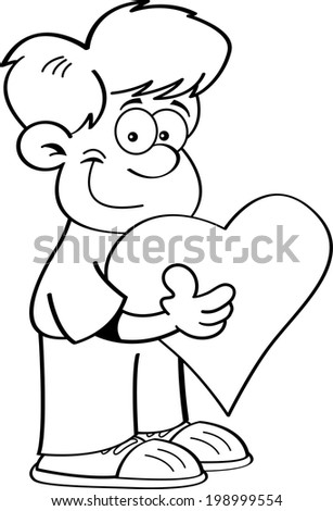 Black and white illustration of a boy holding a heart.