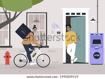 Urban scene, a food delivery worker shipping order to a customer, daily city life