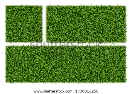 Fake green grass or astroturf square background set. Eco home concept with 3d vector turf football soccer field illustration isolated