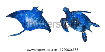 Watercolor hand painted galaxy sea creatures illustrations isolated on a white background. Beautiful sting ray and turtle art print.