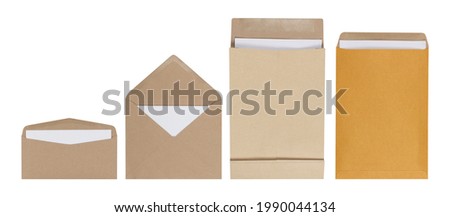 Set of brown envelope with blank paper sheet isolated on white background. Letter top view. Object with clipping path
