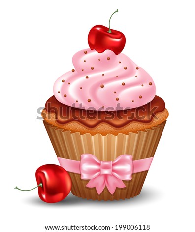 Cherry cupcake with cream and chocolate. Vector illustration.