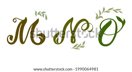 alphabet leaves, green capital letters - M N, O