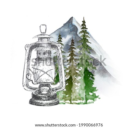 Watercolor hand painted vintage tourist lantern in front of a forest and mountains landscape illustration isolated on a white background.Camping concept design. Traveller clipart.