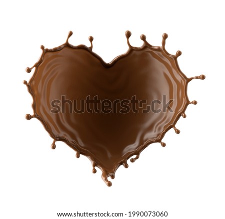 3d render, chocolate splash heart shape collection, cacao drink or coffee, splashing cooking ingredient. Abstract brown liquid clip art set isolated on white background
