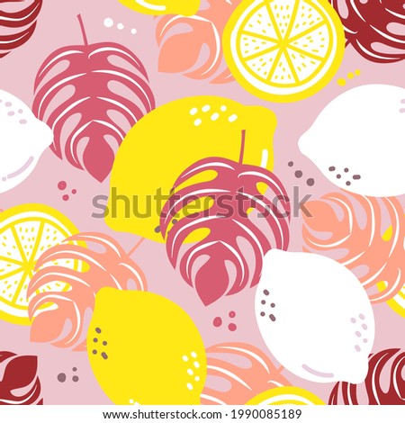 Seamless pattern lemon. Slices of citrus and leaf on pink pastel background. Vector illustration.