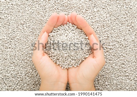 Young adult woman palms holding gray complex fertiliser granules. Product for root feeding of vegetables, flowers and plants. Closeup. Point of view shot. Royalty-Free Stock Photo #1990141475