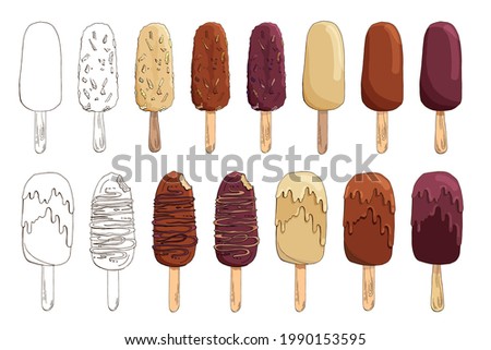 Set of vector hand drawn ice cream illustrations. Eskimo pie isolated on white. Ice lolly. Popsicle cake. Chocolate-coated cake with boiled condensed milk, nuts, caramel, waffles, cornflakes