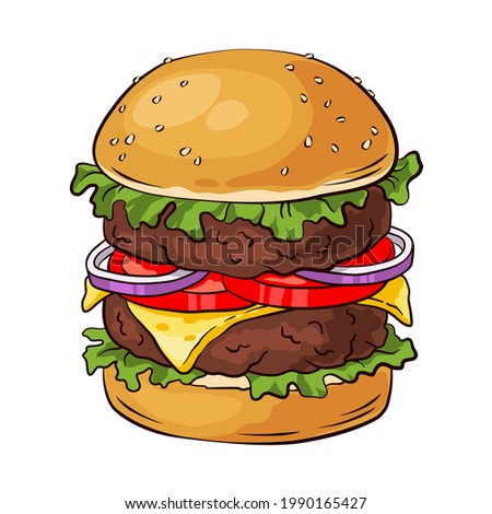 Double hamburger. Colorful hand drawn cheeseburger, fast food vector illustration Royalty-Free Stock Photo #1990165427