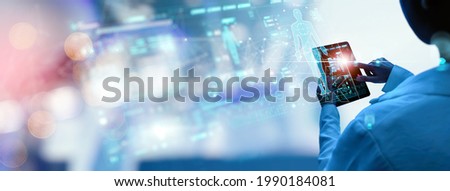 Medicine doctor working digital tablet for medical record of patient on interface. DNA.medical technology and futuristic concept.Digital healthcare and network Royalty-Free Stock Photo #1990184081