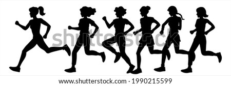 Girls and women run in a marathon, jogging. Black silhouettes on a white background. Illustration of sports and healthy lifestyle. Vector illustration.