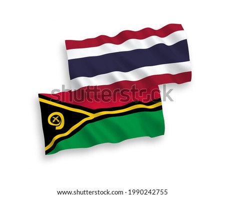 National vector fabric wave flags of Republic of Vanuatu and Thailand isolated on white background. 1 to 2 proportion.