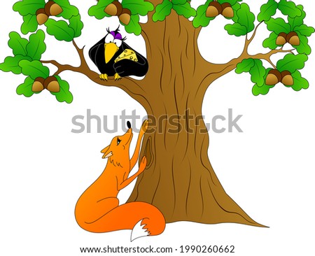 a fox sits under a tree on which a crow sits with a piece of cheese Royalty-Free Stock Photo #1990260662