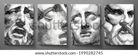 Engraved antique face - poster. Vector line pattern (guilloche) of ancient Greek portrait (closeup man head). Digital graphic for cover, historic artwork, currency, money design, ancient picture Royalty-Free Stock Photo #1990282745