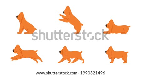 Spaniel dog various poses flat line graphic isolated