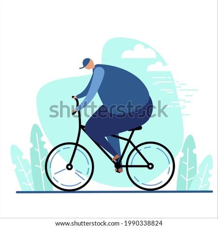 Big size Human rides bicycle . Active man or woman cycling on bike at nature. Concept of healthy lifestyle, sports and outdoor recreation. Sketch vector flat illustration.